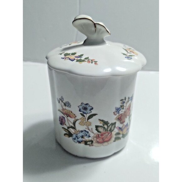 Aynsley Vintage Bone China Cottage Garden - Lidded Jam Pot Butterfly Handle 5" - Picture 13 of 14